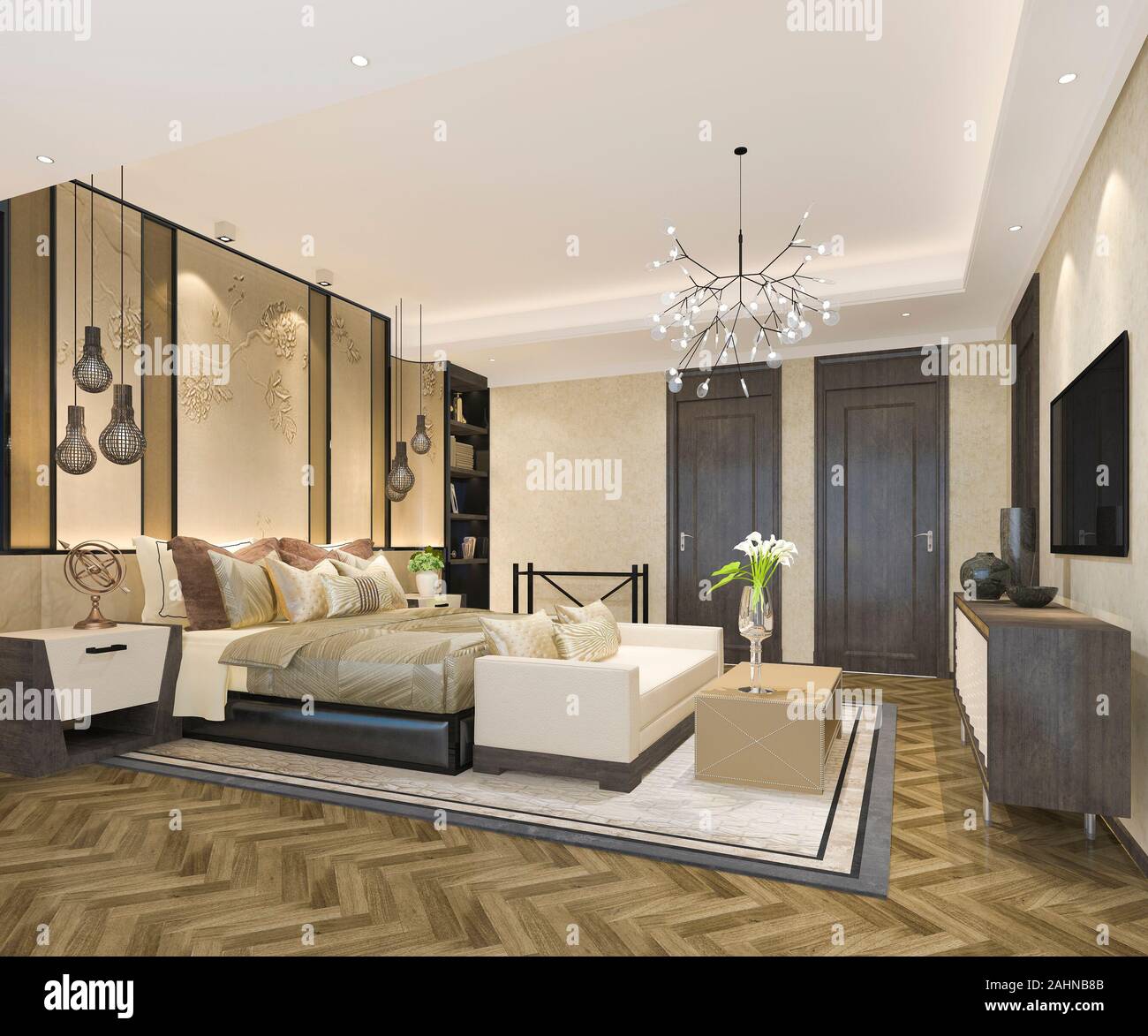 3d rendering beautiful luxury bedroom suite in hotel with tv Stock ...