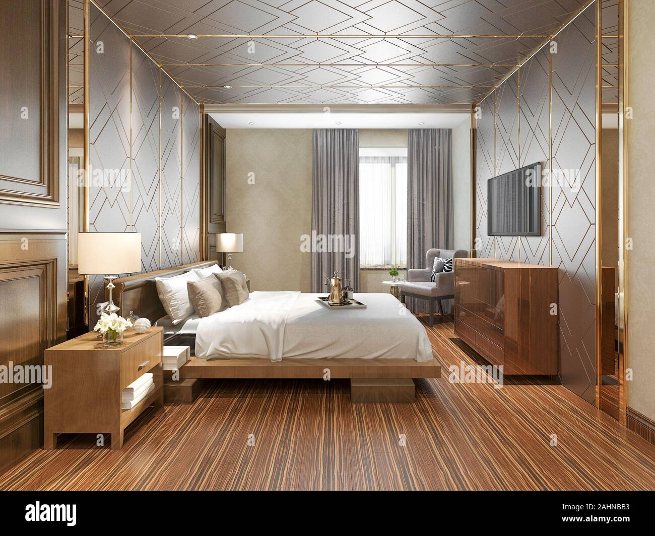 3d rendering beautiful luxury bedroom suite in hotel with tv Stock Photo