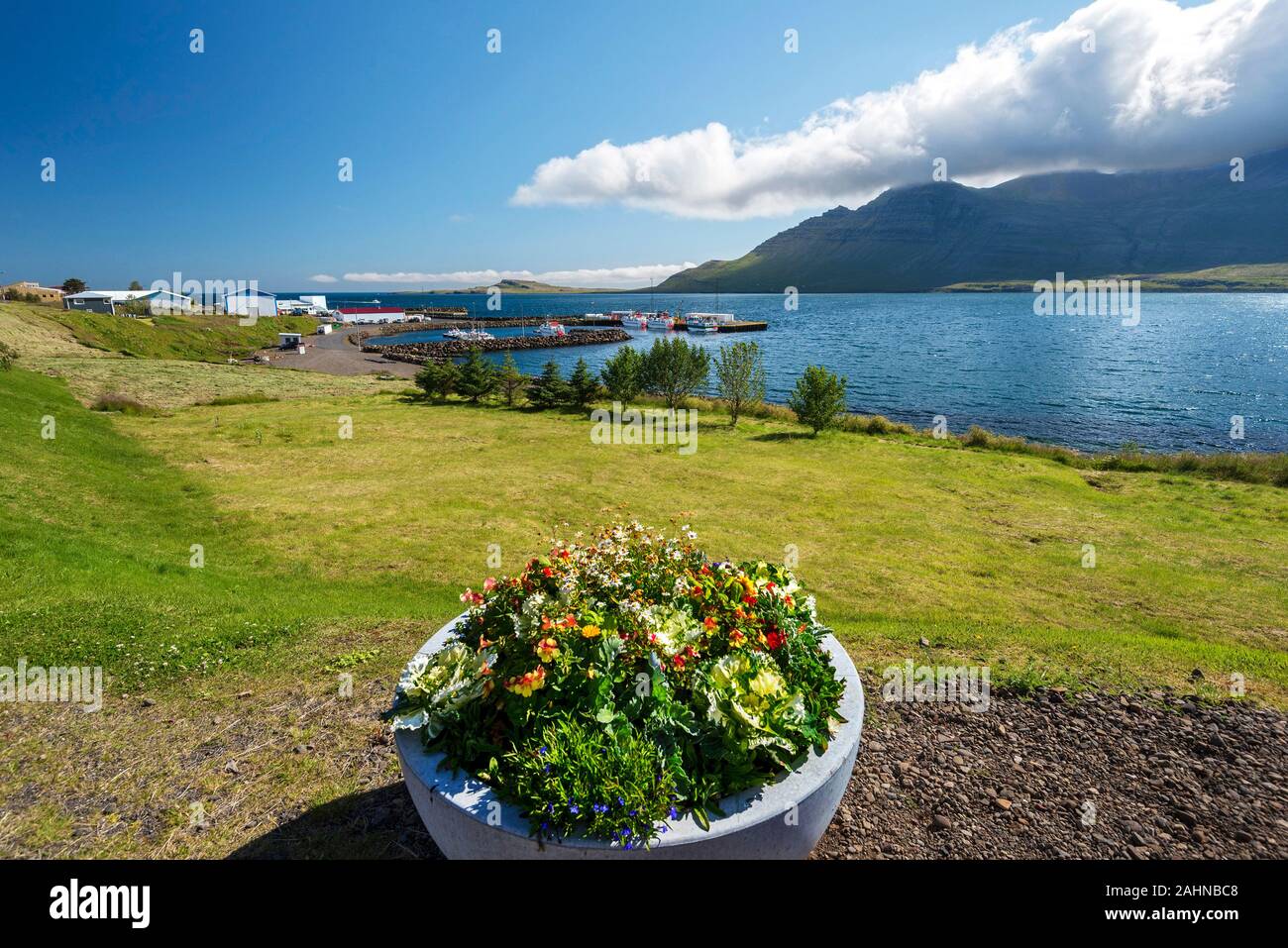 Stodvarfjordur village and Stodvar Fjord view in Eastern Iceland. Flowers planted in the concrete bowl are at foreground. Stock Photo