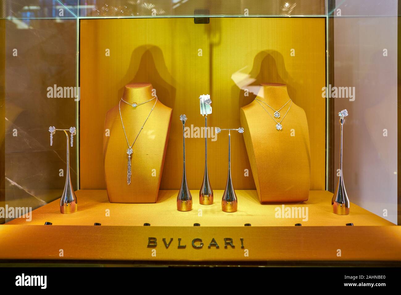 SINGAPORE - CIRCA APRIL, 2019: Bvlgari accessories on display at a store in the Shoppes at Marina Bay Sands. Stock Photo
