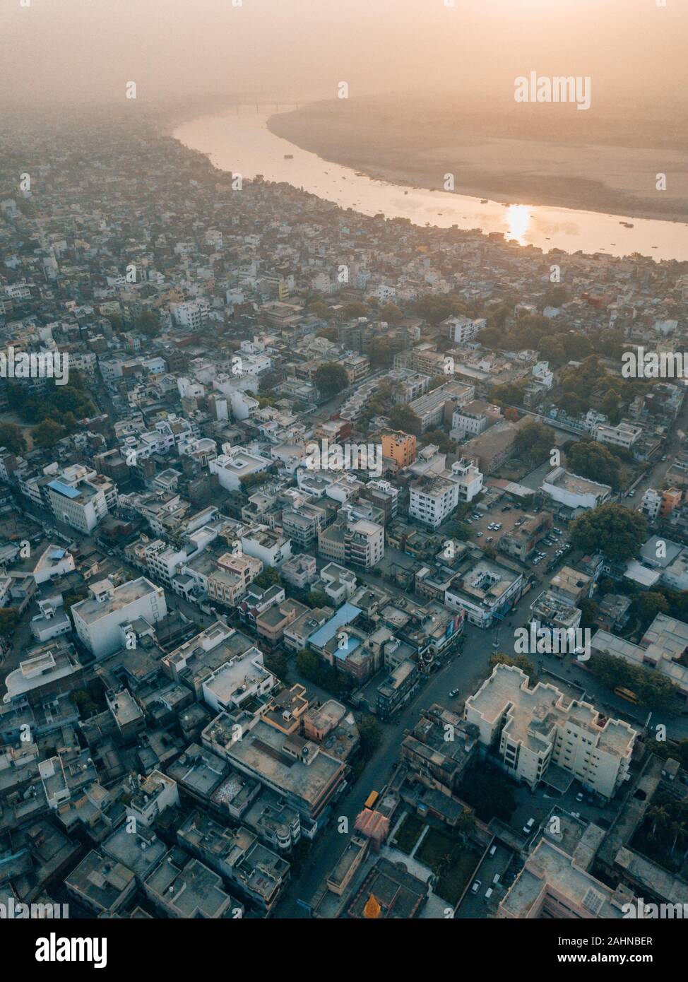 Aerial drone shot of the city of Varanasi in India Stock Photo