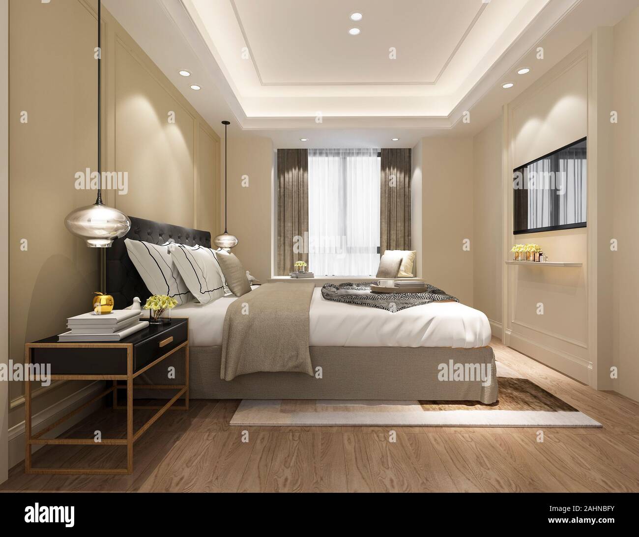 3d rendering beautiful luxury bedroom suite in hotel with tv Stock Photo