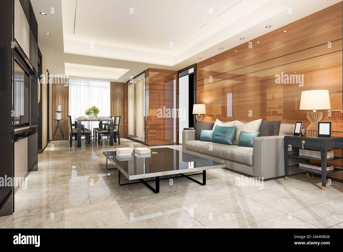 3d rendering modern dining room and living room with luxury decor Stock ...