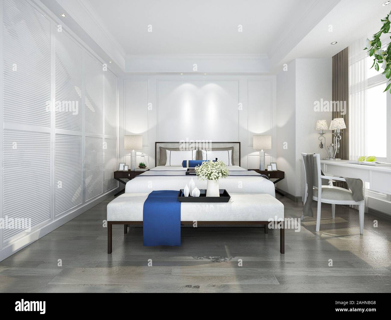 3d rendering beautiful blue vintage bedroom suite in hotel with tv and working table Stock Photo