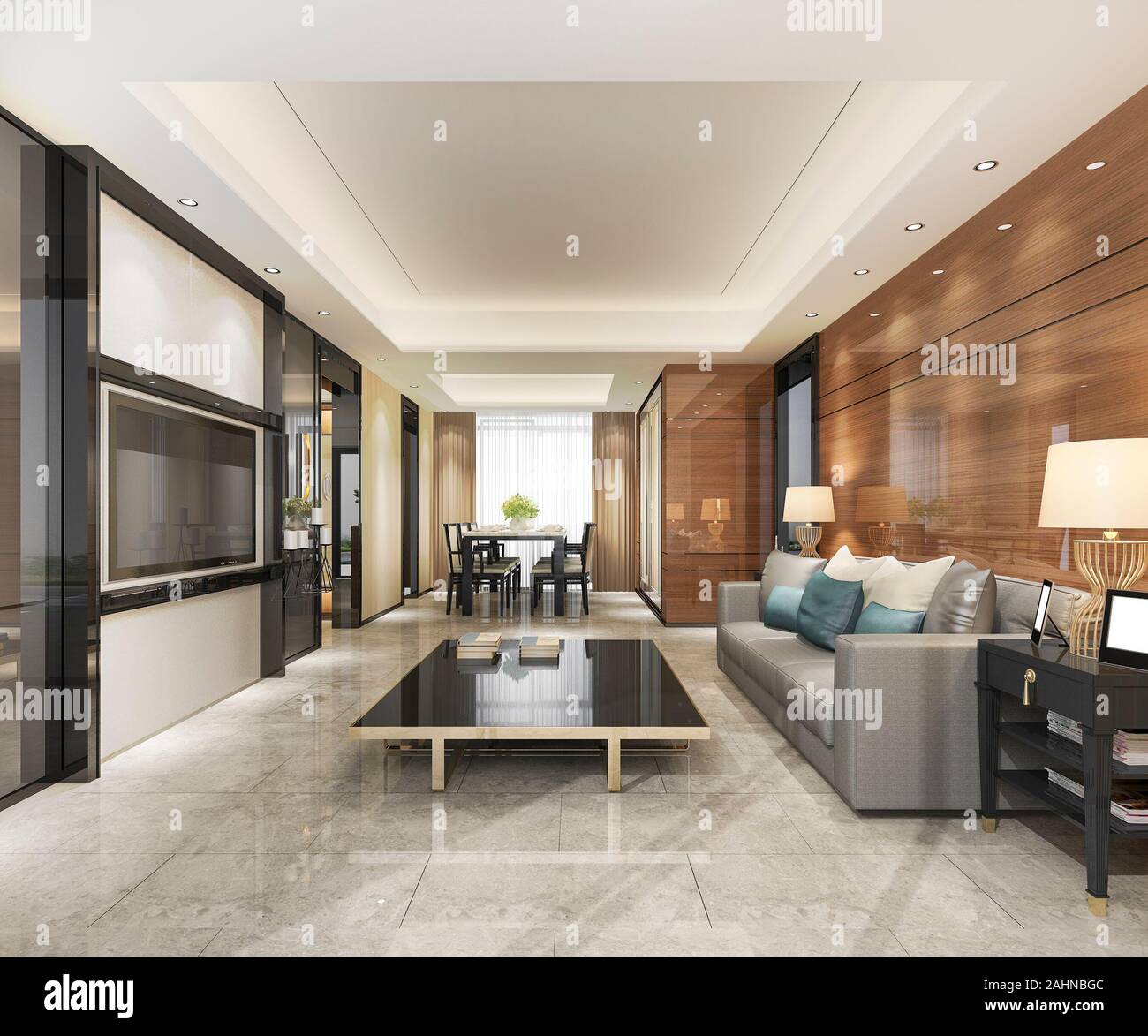 3d rendering modern dining room and living room with luxury decor Stock ...