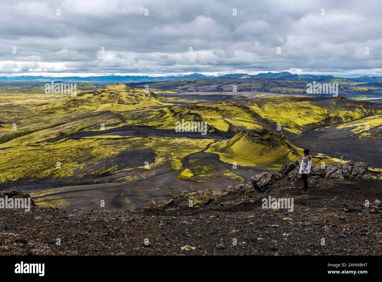 Girl teenager staying in the slope of volcano facing to Southwestern part of Lakagigar volcanic fissure in South of Iceland. Stock Photo