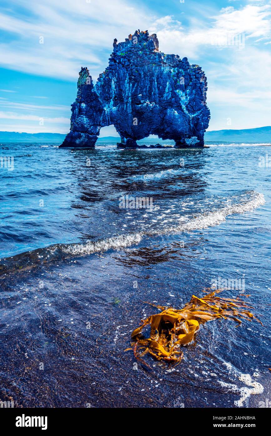 View at Hvitserkur basalt stack from the border of Hindisvik bay in Northwest Iceland.  There is the Coastline of Arctic Ocean at Eastern shore of the Stock Photo