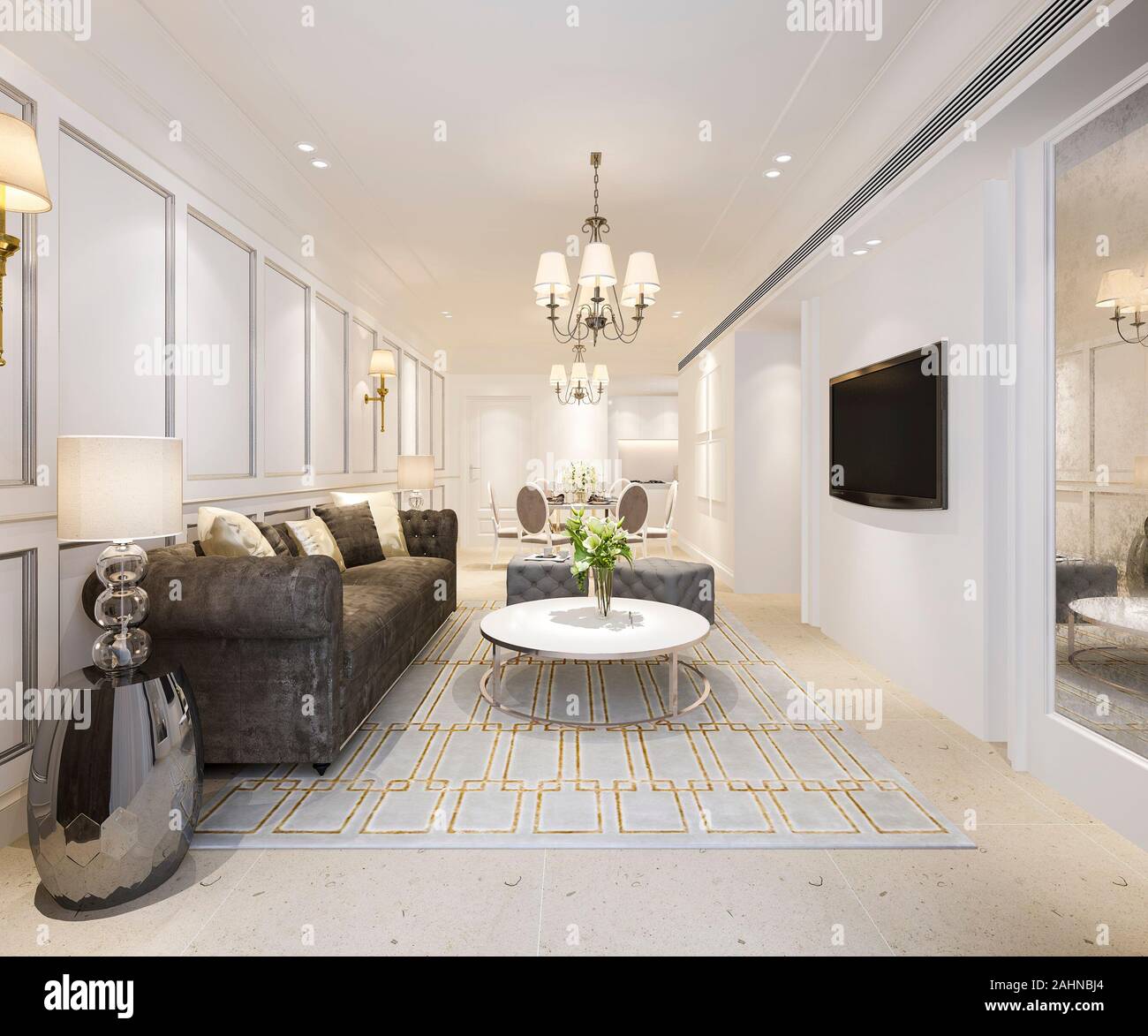 3d rendering modern dining room and living room with luxury decor Stock ...
