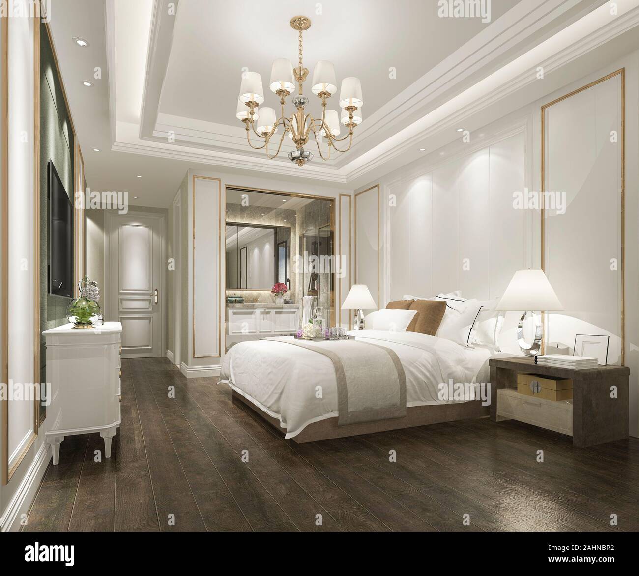 3d rendering beautiful luxury bedroom suite in hotel with tv Stock Photo