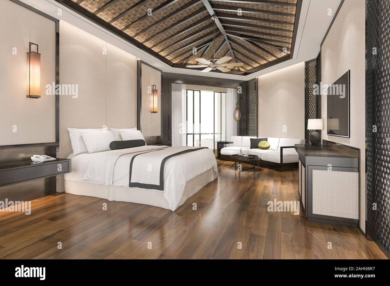 3d rendering luxury tropical bedroom suite in resort hotel and resort Stock Photo