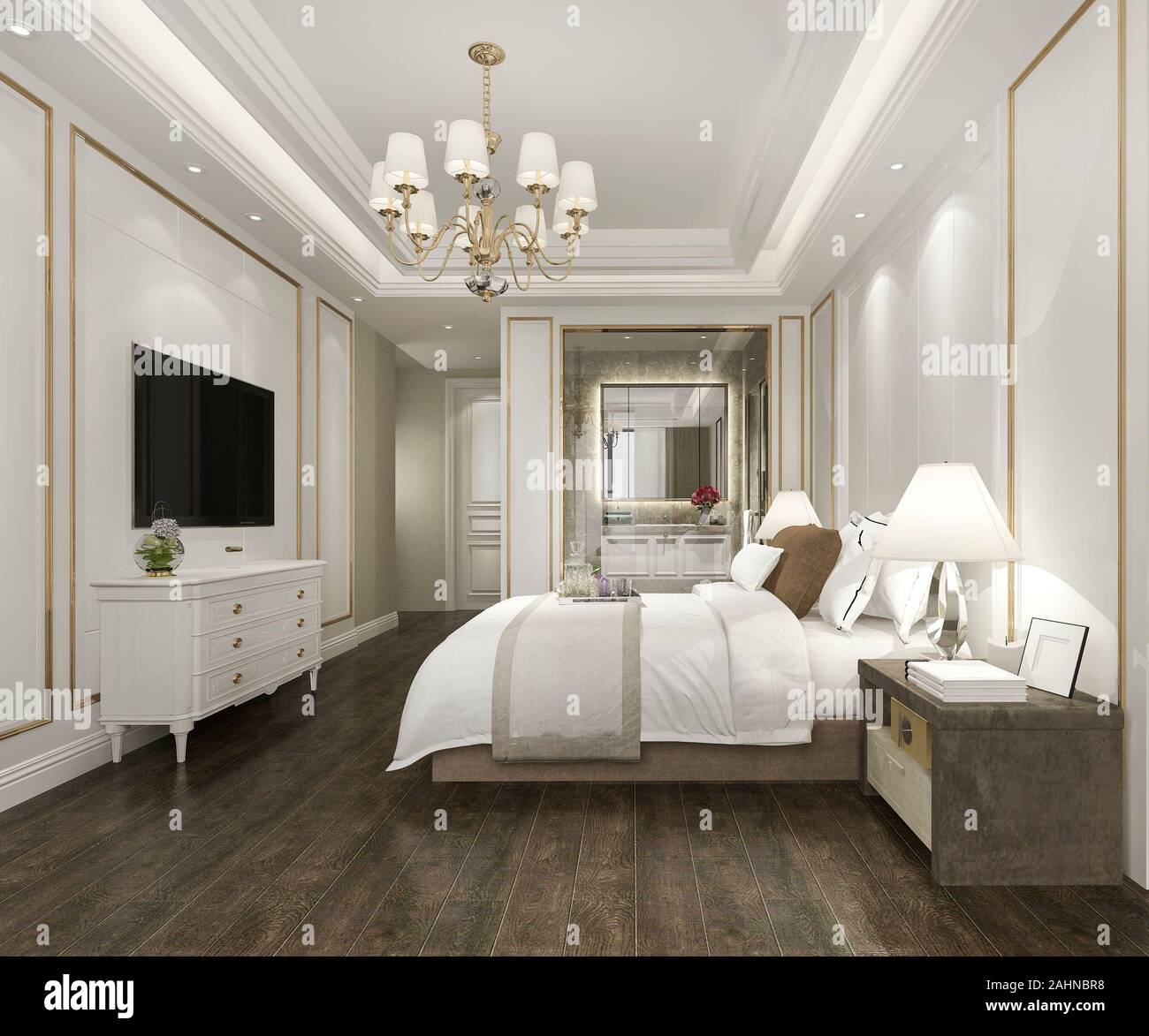 3d rendering beautiful luxury bedroom suite in hotel with tv Stock Photo