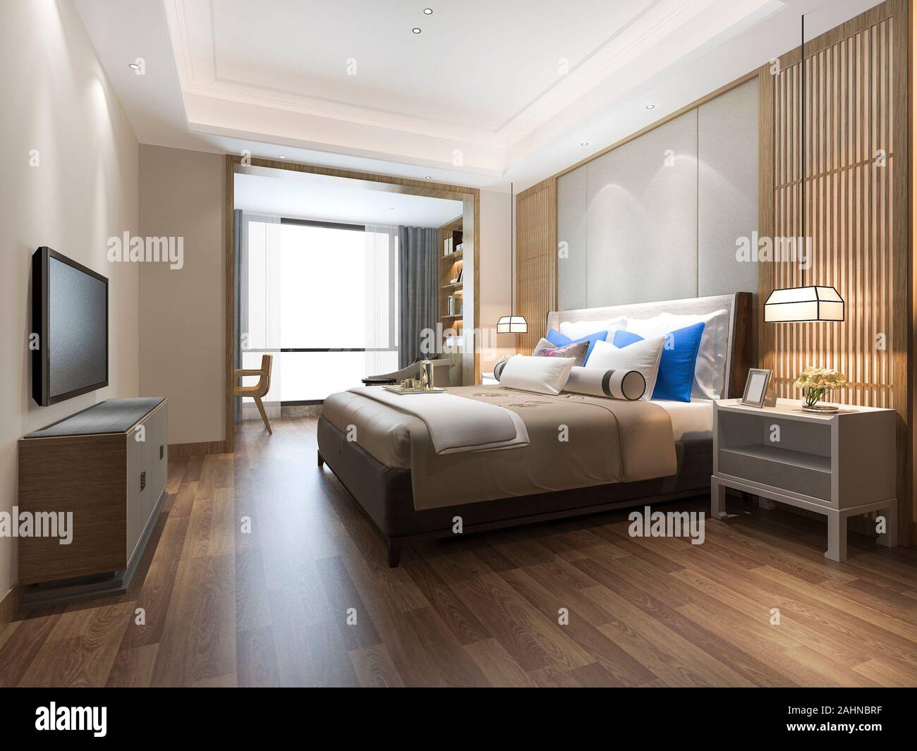 3d rendering luxury blue modern bedroom suite in hotel Stock Photo