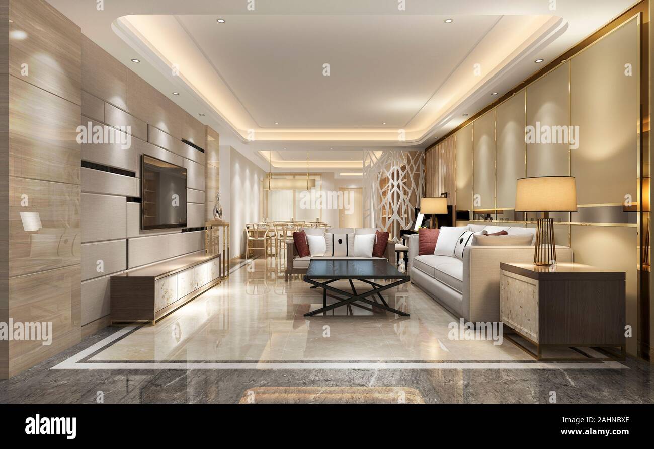 3d rendering modern dining room and living room with luxury decor Stock ...