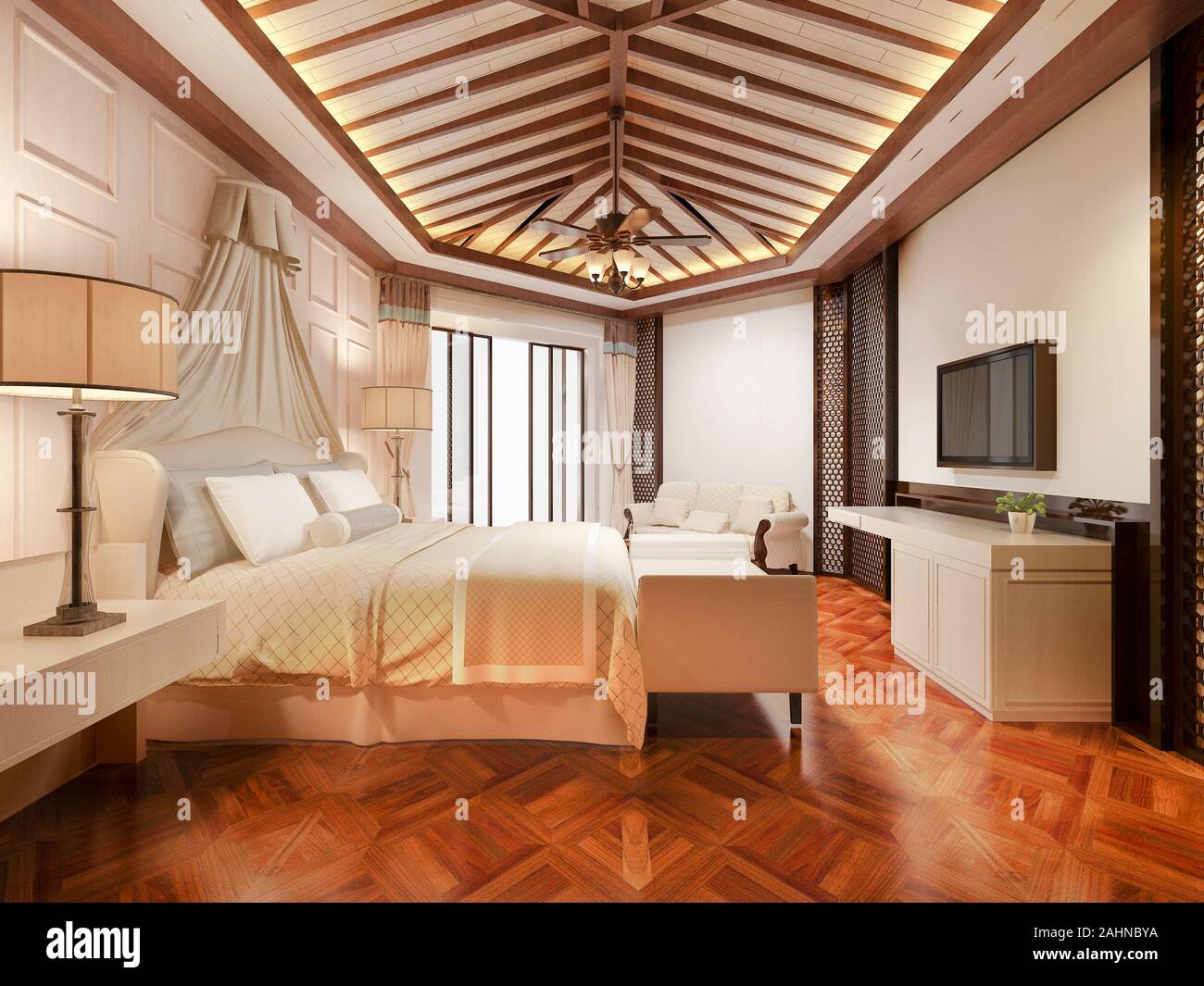 3d rendering luxury tropical bedroom suite in resort hotel and resort Stock Photo