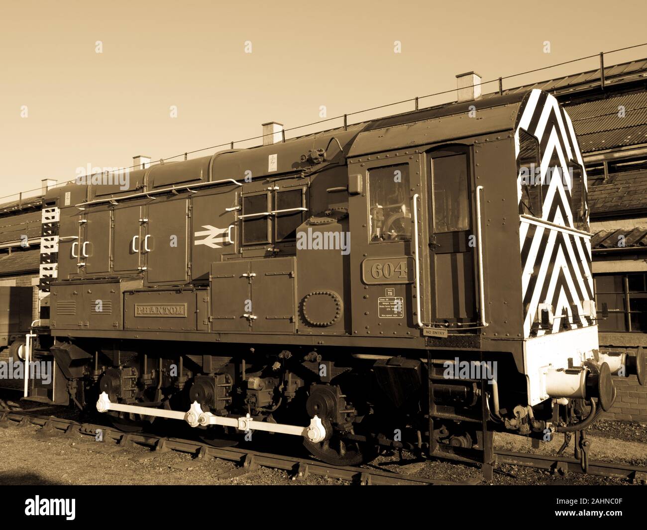 Sepia Landscape of Phantom Shunting Train Engine,  Didcot Railway Centre, Didcot, Oxfordshire, England, UK, GB. Stock Photo