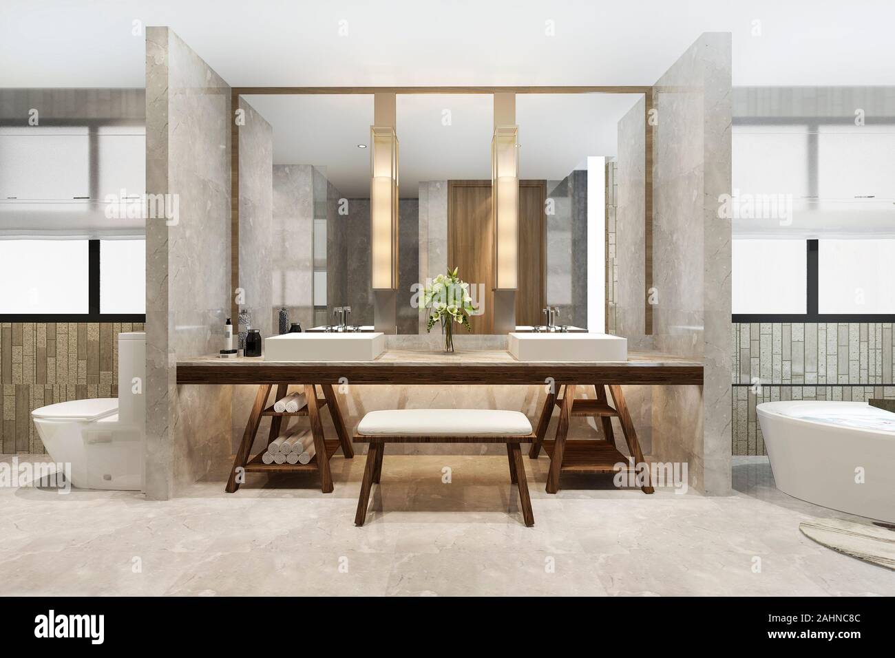 3d rendering modern bathroom with luxury tile decor Stock Photo