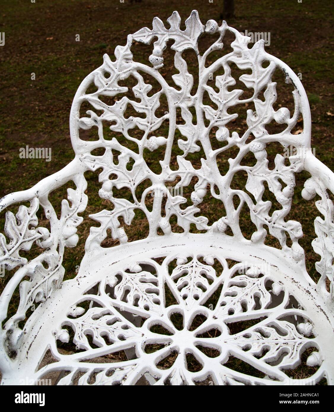 White painted Cast Iron Chairs, grapevine, Liberty Island, New York Harbour, New York, USA Stock Photo