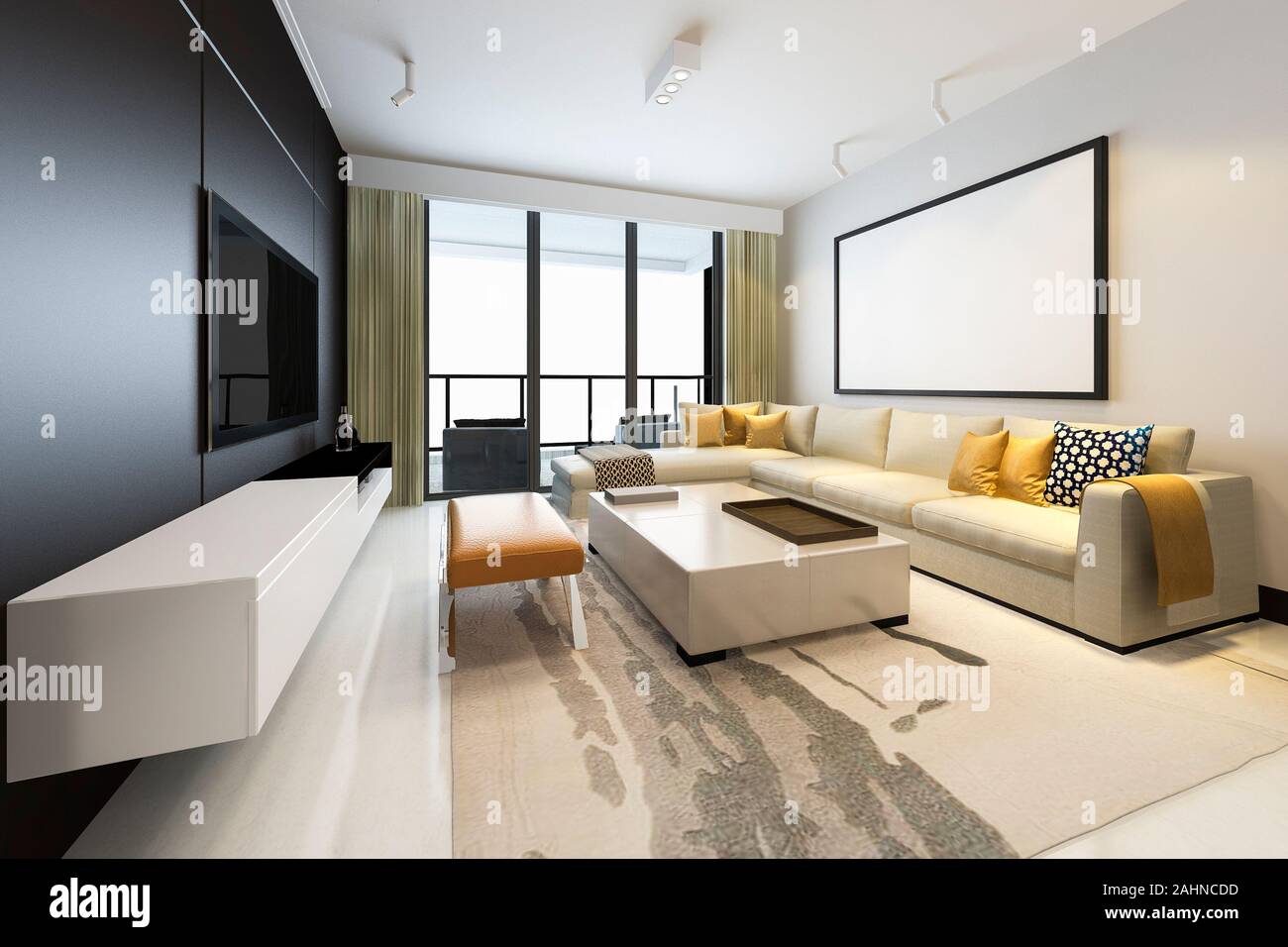 3d rendering luxury and modern living room with fabric sofa with mock ...