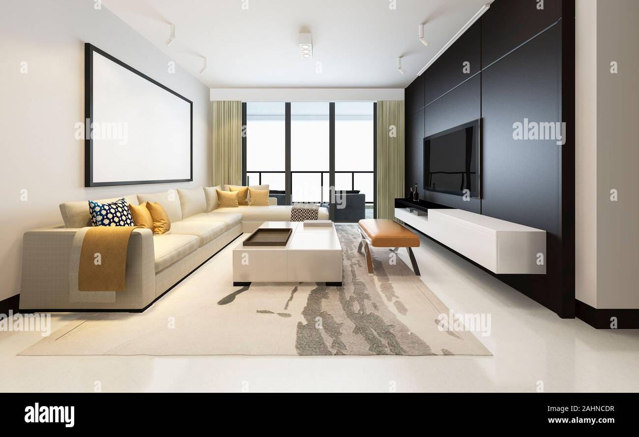3d rendering luxury and modern living room with fabric sofa with mock ...