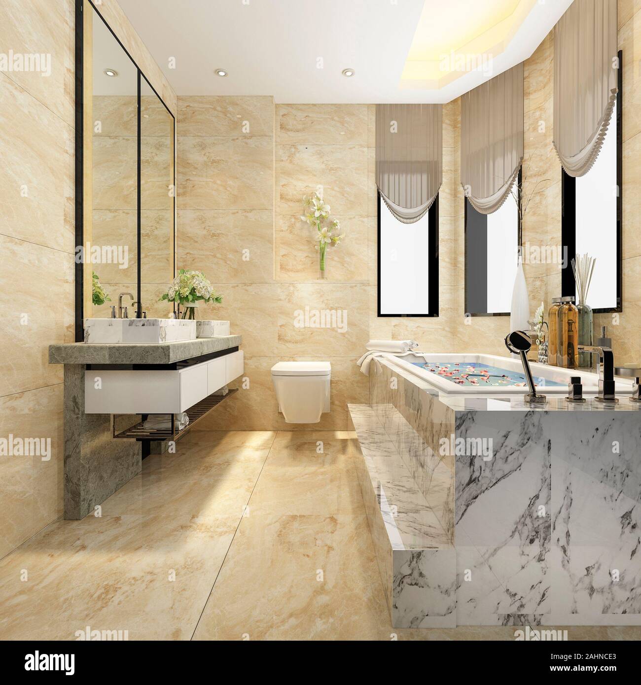 3d rendering classic modern bathroom with luxury tile decor Stock Photo