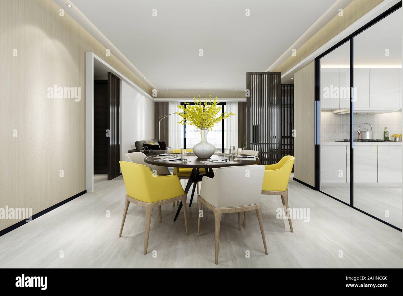 3d rendering yellow chair and luxury kitchen with dining table and living room Stock Photo