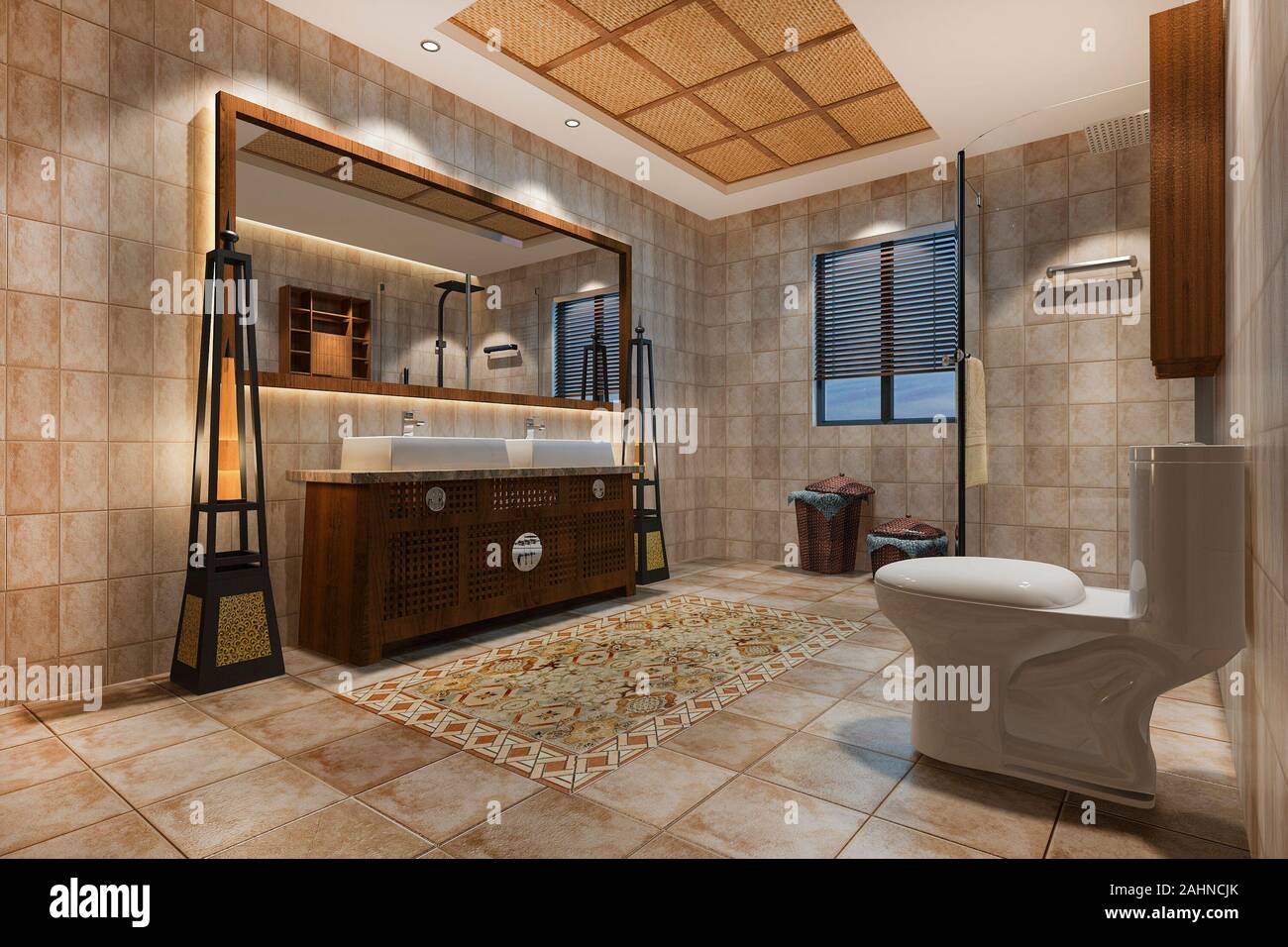 3d rendering vintage bathroom with luxury tropical tile decor Stock Photo