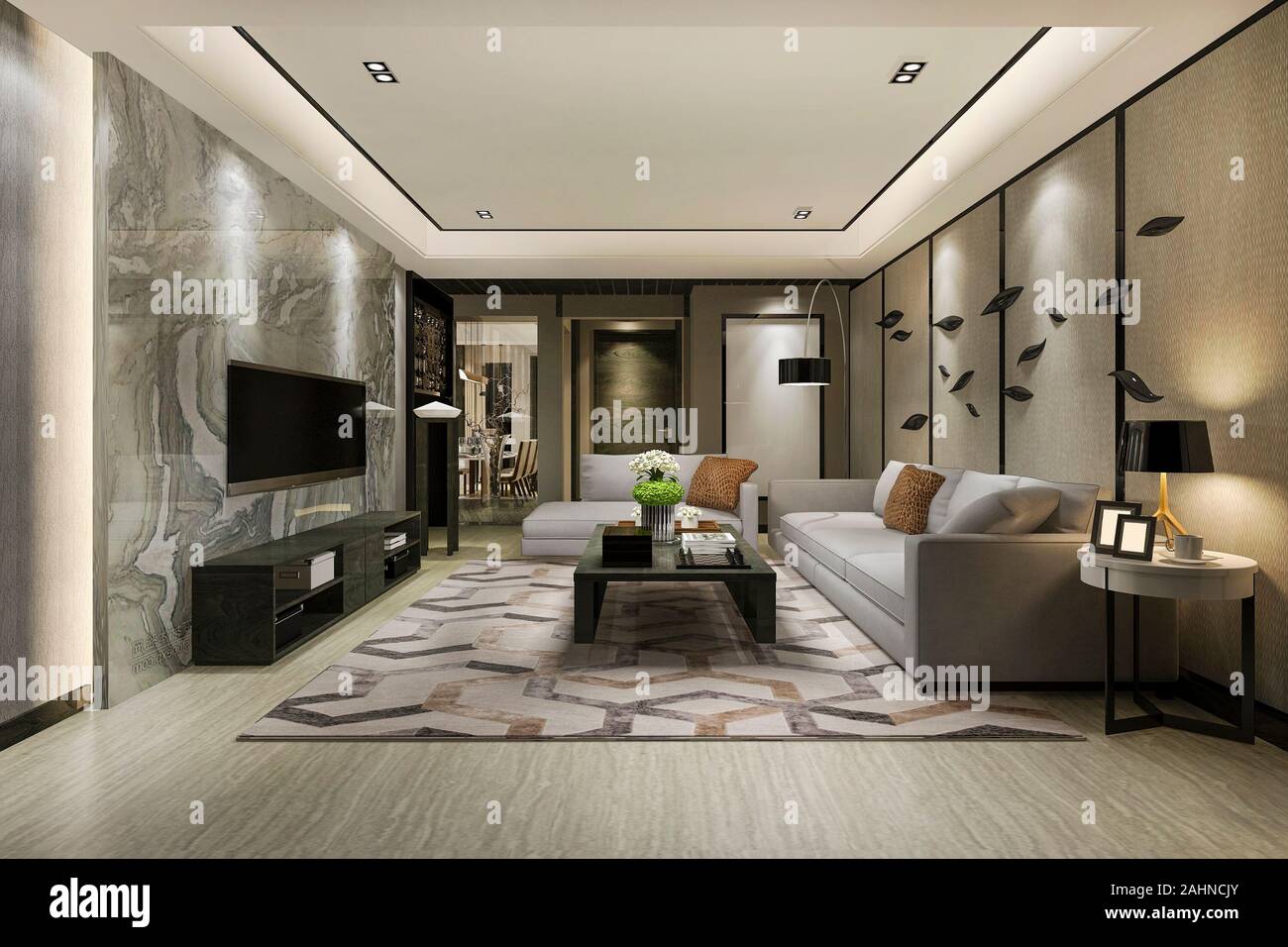 3d rendering modern dining room and living room with luxury decor Stock ...