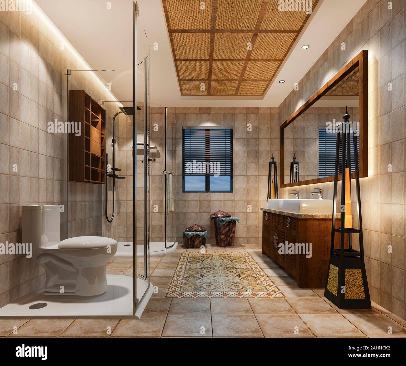 3d rendering vintage bathroom with luxury tropical tile decor Stock Photo -  Alamy