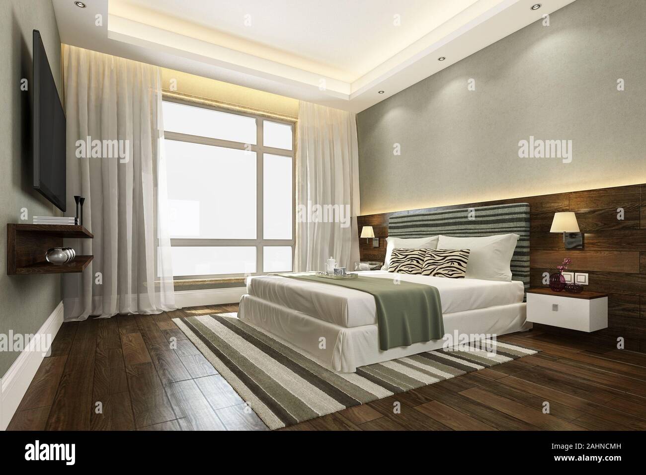 3d rendering beautiful green luxury bedroom suite in hotel with tv Stock Photo