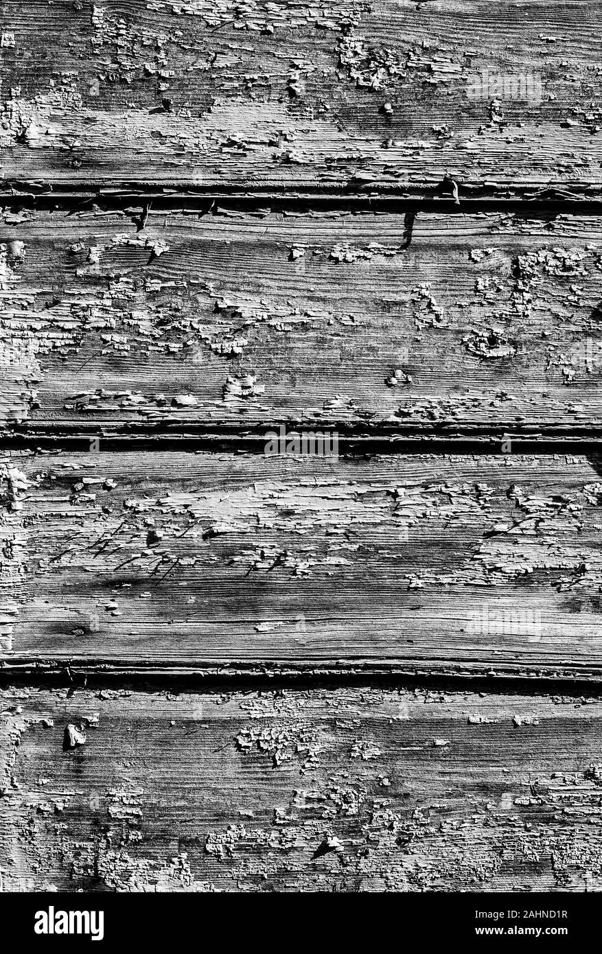 Monochrome image of rustic background made of wall of old wooden house with fall off paint Stock Photo