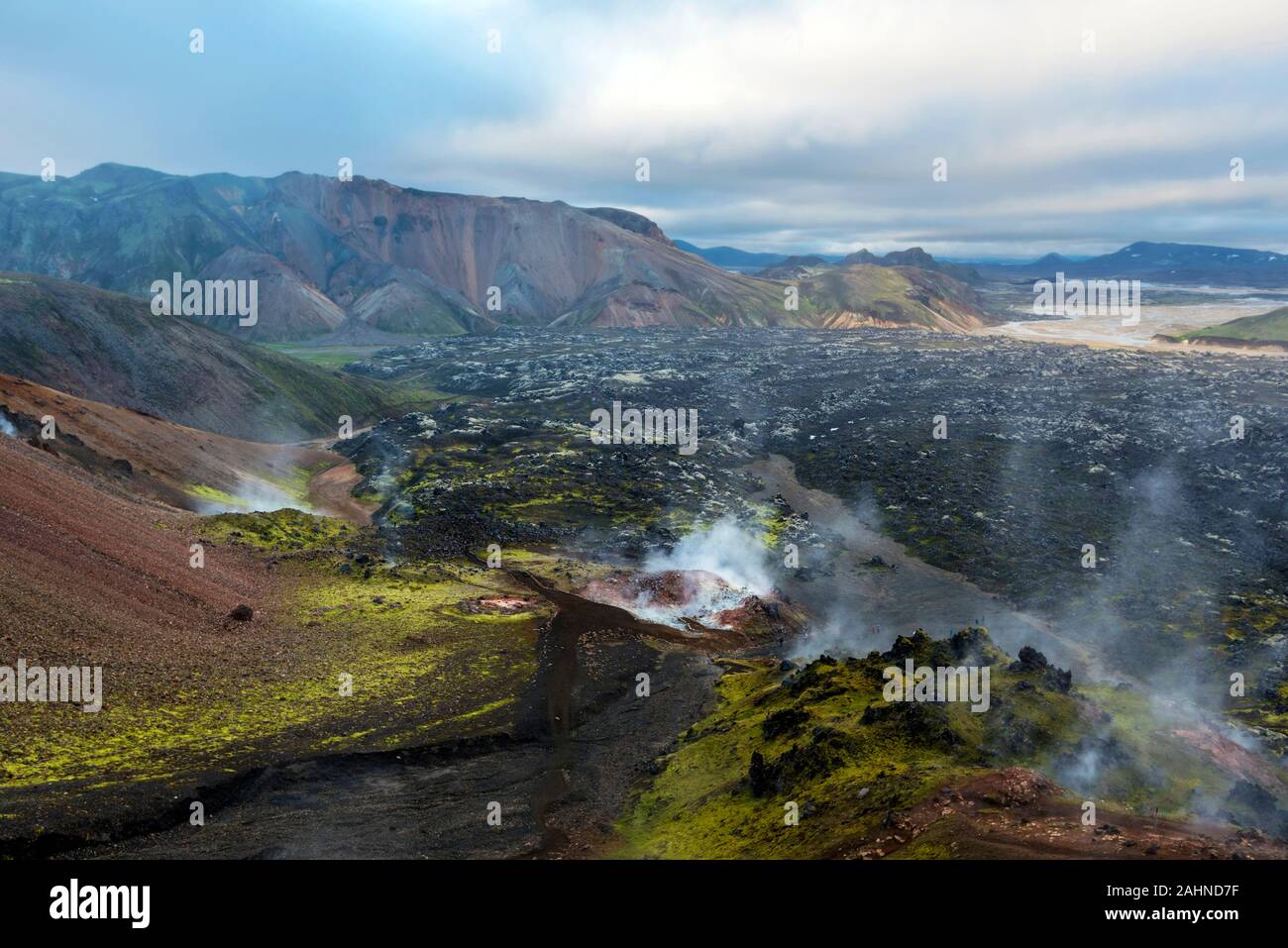Active fumaroles and solfataras in the slope of Brennisteinsalda Volcano mountain in Landmannalaugar region of Iceland Highlands. The lava field and t Stock Photo