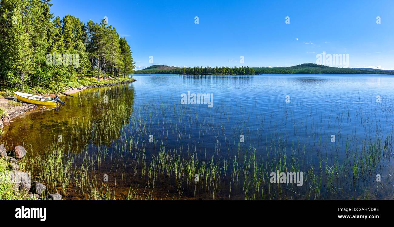 Panoramic view at Siebdniesjavrrie lake in Swedish Lapland. Vasterbotten county, Norrland, Sweden. Stock Photo