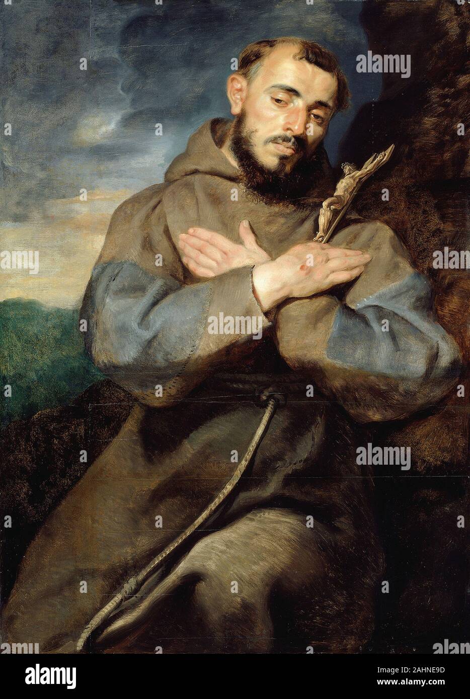 Peter Paul Rubens. Saint Francis. 1610–1620. Flanders. Oil on panel The preaching and teaching activities of the reformed religious orders, including the Franciscans, were important for the resurgence of the Catholic Church in the souther Netherlands following years of religious and political turmoil in the 16th century. Peter Paul Rubens painted numerous images of the founder of the Franciscans, Saint Francis of Assisi. They emphasize his ecstatic piety, most vividly represented in the episode of his stigmatization, when he received the marks of Christ’s Passion. In this simpler, portraitlike Stock Photo