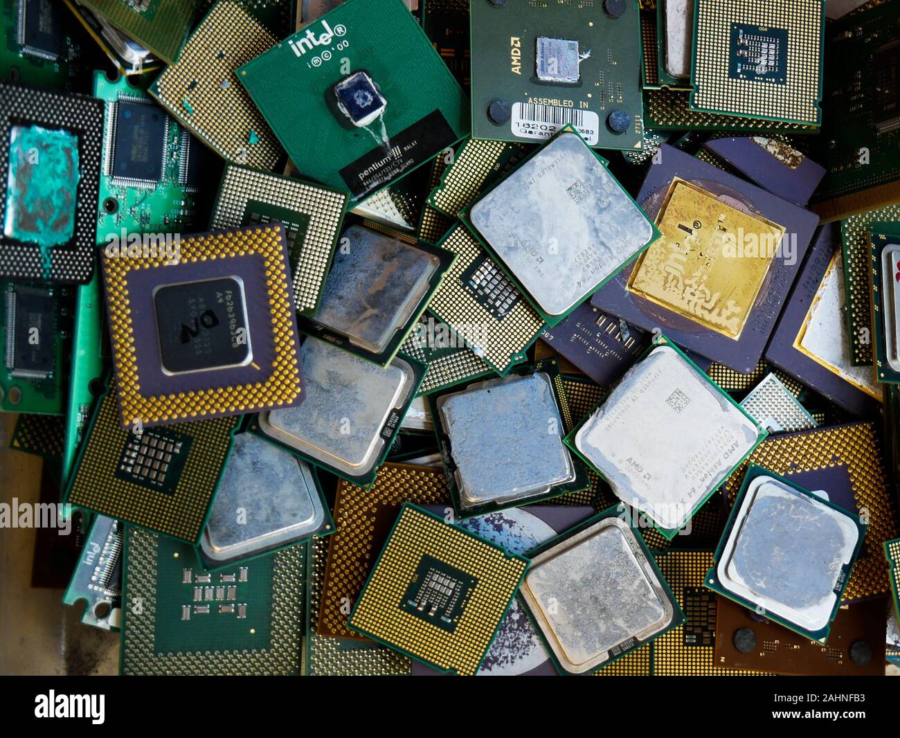 Wien/Austria - june 4 2019: pile of discarded computer processor  sorted on a bin  in a recycling and recovery compound in vienna prepared for extract Stock Photo