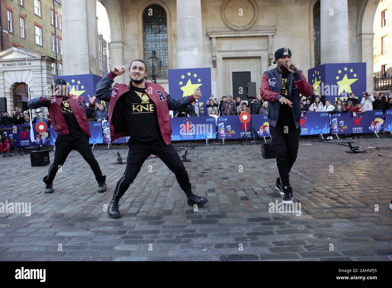 London, UK. 30th Dec, 2019. KNE Group Band performing during London's New Year's Day Parade (LNYDP) 2020 Preview Show at Covent Garden Piazza. Credit: Pietro Recchia/SOPA Images/ZUMA Wire/Alamy Live News Stock Photo