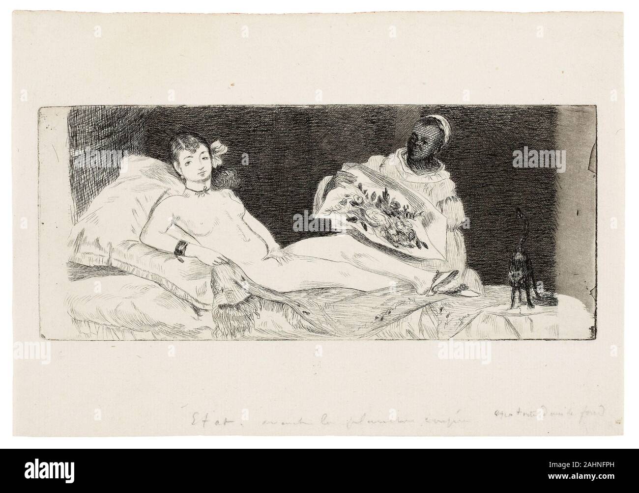 Édouard Manet. Olympia (published plate). 1867. France. Etching and aquatint in black on cream laid paper Paris was the undisputed artistic and cultural capital of Europe in the late 19th century; it was also home to a thriving population of prostitutes. As Hollis Clayson observed in her study of prostitution and French art, Painted Love, artists of the period, particularly the Impressionists, enthusiastically embraced the activities of these women through varying degrees of realistic imagery. The increasingly abstract depictions of prostitutes’ everyday pursuits, from bathing to entertaining Stock Photo