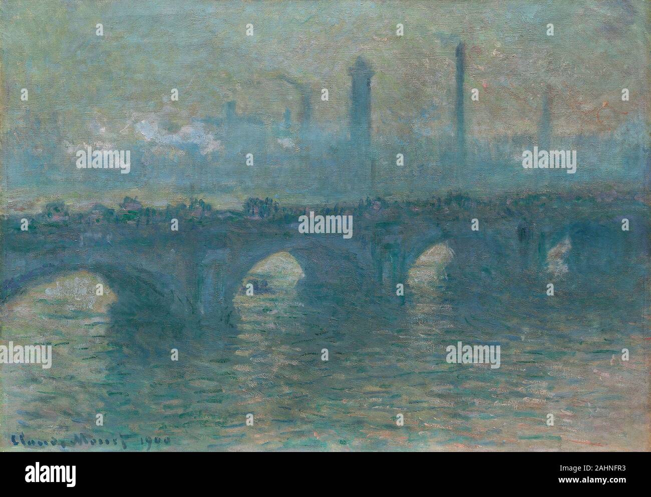 Claude Monet. Waterloo Bridge, Gray Weather. 1900. France. Oil on canvas If not for the fog, Claude Monet once remarked, “London wouldn’t be a beautiful city. It’s the fog that gives it its magnificent breadth.” While working on his London series, he rose early every day to paint Waterloo Bridge in the morning, moving on to Charing Cross Bridge at midday and in the afternoon. He observed both motifs from his fifth-floor window at the Savoy Hotel. The Art Institute’s two Waterloo Bridge paintings are dated 1900 and 1903, but both were likely begun in 1900 and dated only when Monet felt that the Stock Photo
