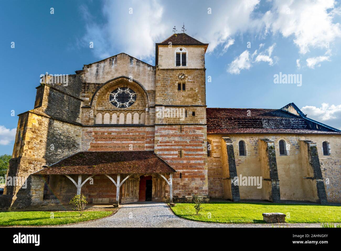Frontal view at Medieval Abbey of Saint-Jean de Sorde, the important stage in Compostela pilgrimage. UNESCO world heritage site in France, Nouvelle Aq Stock Photo