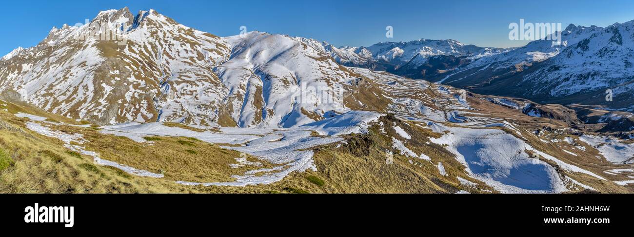 Panoramic view of upper Tena Valley in Spanish Pyrenees from eastern slopes close to Portalet mountain pass. Aragon, Huesca. Stock Photo