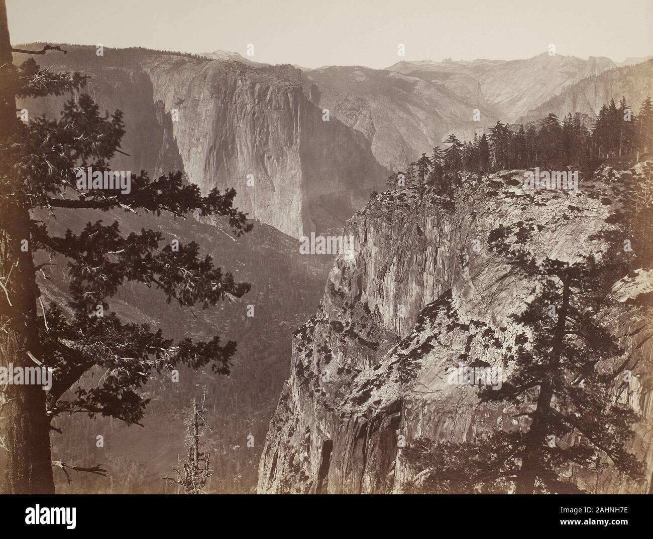 Carleton Watkins. First View of the Yosemite Valley from the Mariposa Trail. 1865–1866. United States. Albumen print In the 1860s, Carleton Watkins was the first to document the untouched wilderness that would become Yosemite National Park. Transporting his fragile equipment on mule or carriage through difficult terrain, Watkins used a mammoth-plate camera whose glass negatives measured up to 18 by 22 inches and yielded remarkably detailed prints of the same size. He favored spectacular compositions with dramatic spatial depth. In this photograph, Watkins depicted Yosemite Valley’s immense spa Stock Photo