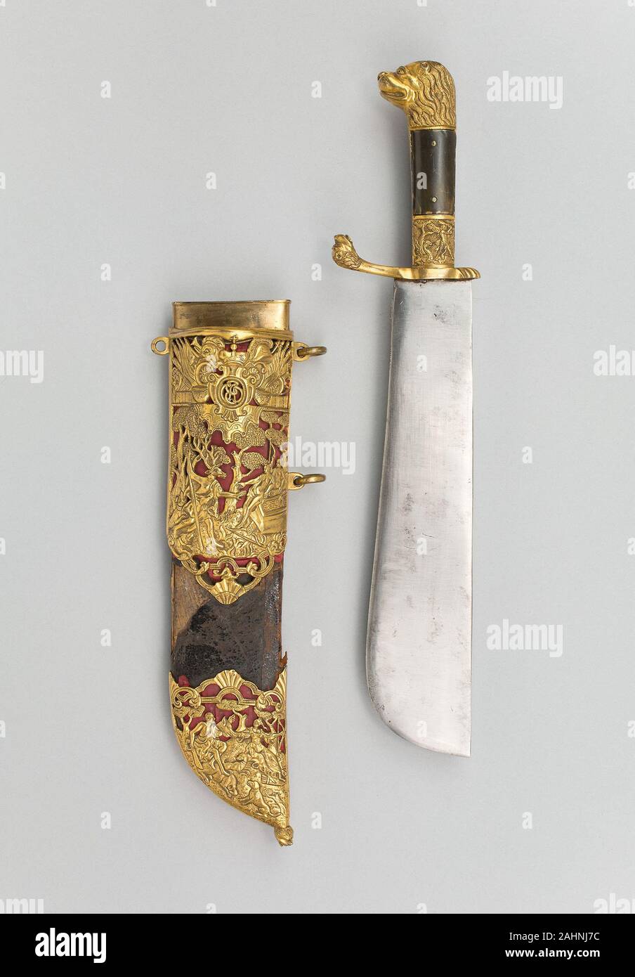 Hunting Cleaver (Waidpraxe) of Ernst August II Konstantin, Duke of Saxe-Weimar-Eisenach. 1755–1758. Germany. Steel, bronze, gilding, horn, wood, leather, and silk Stock Photo