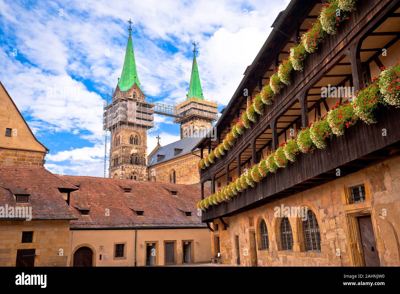 Bamberger Dom or Bamberg cathedral towers and streets of old town view, Bavaria region of Germany Stock Photo