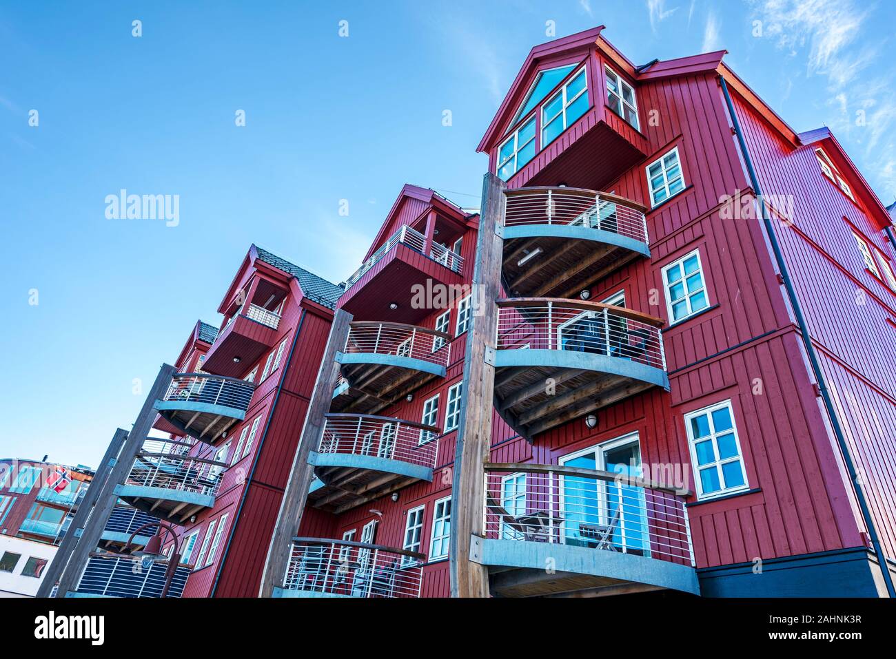 The Residential building, as an example of the Modern Nordic architecture in the center of Svolvaer Town, the capital of Lofoten archipelago. Nordland Stock Photo