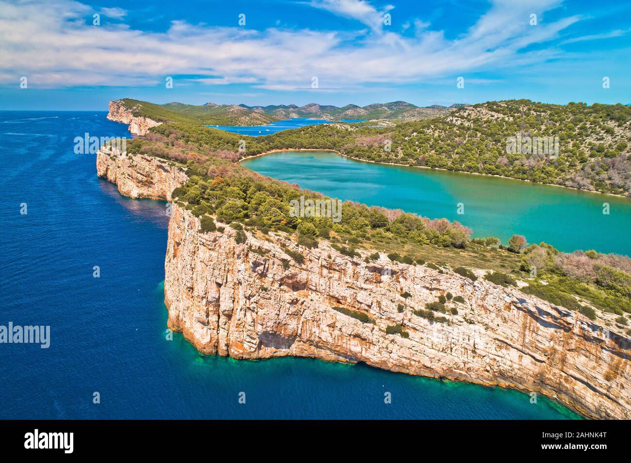 Telascica nature park cliffs and green Mir on Dugi Otok aerial Kornati archipelago national park of Croatia Stock Photo - Alamy