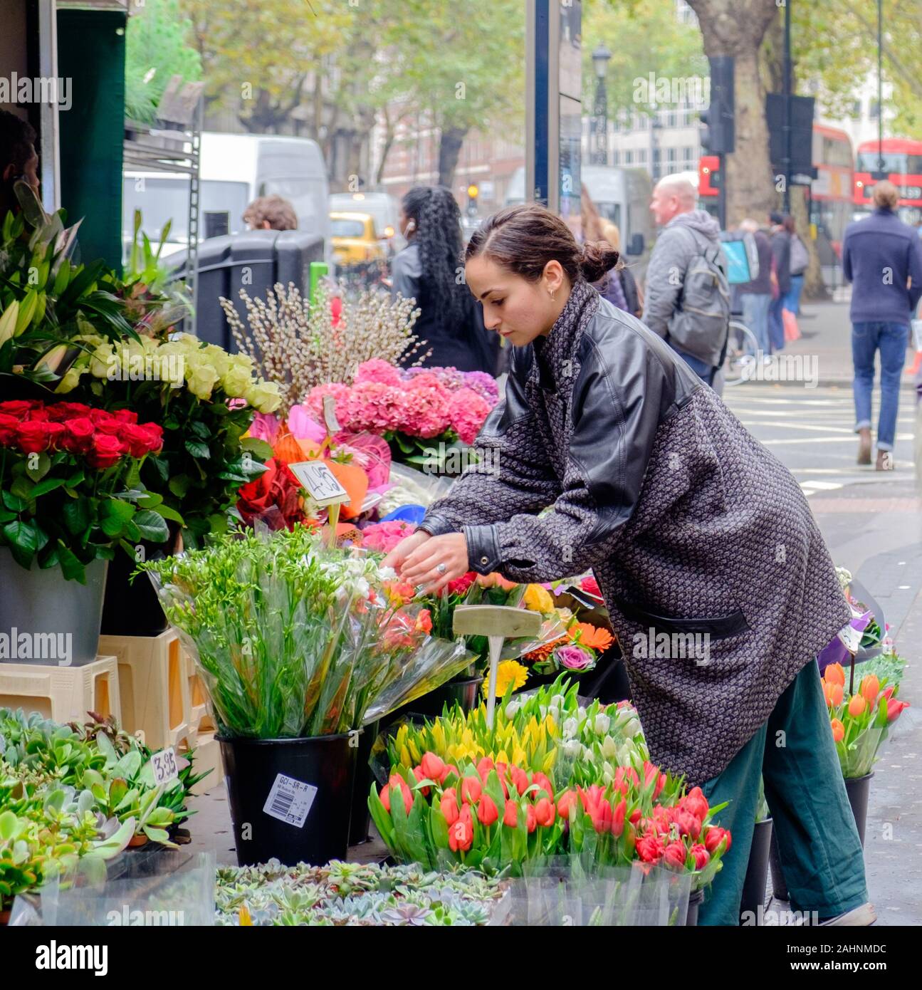 Lady chooses flowers at a colourful corner street stall while people are walking past. Holborn, Central London, UK. Stock Photo