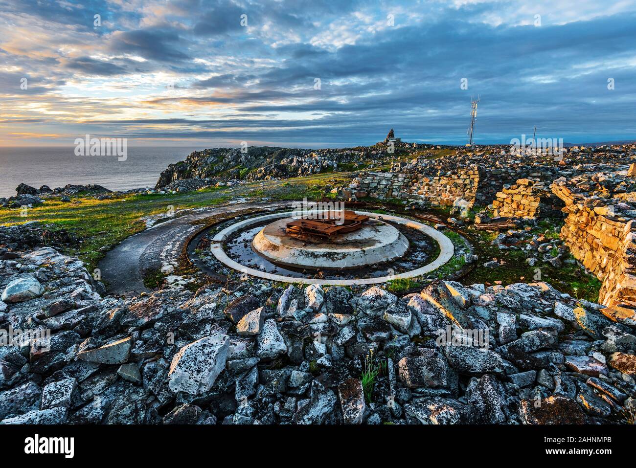 Ruins of Hamningberg coastal fort in sunrise lights, vestige of German