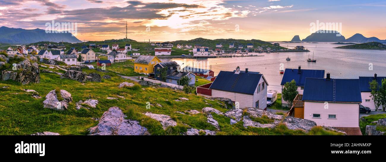 Panoramic view of Gjesvaer village in the west of Mageroya Island. Nordkapp Municipality in Norwegian Finnmark county. Stock Photo