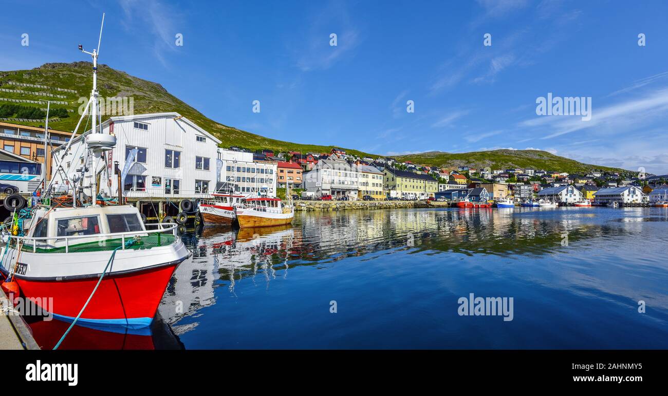 Honningsvag, Norway - August 10, 2017 Panoramic view of Honningsvag town and bay in Mageroya island.  Nordkapp Municipality in Finnmark county. Stock Photo