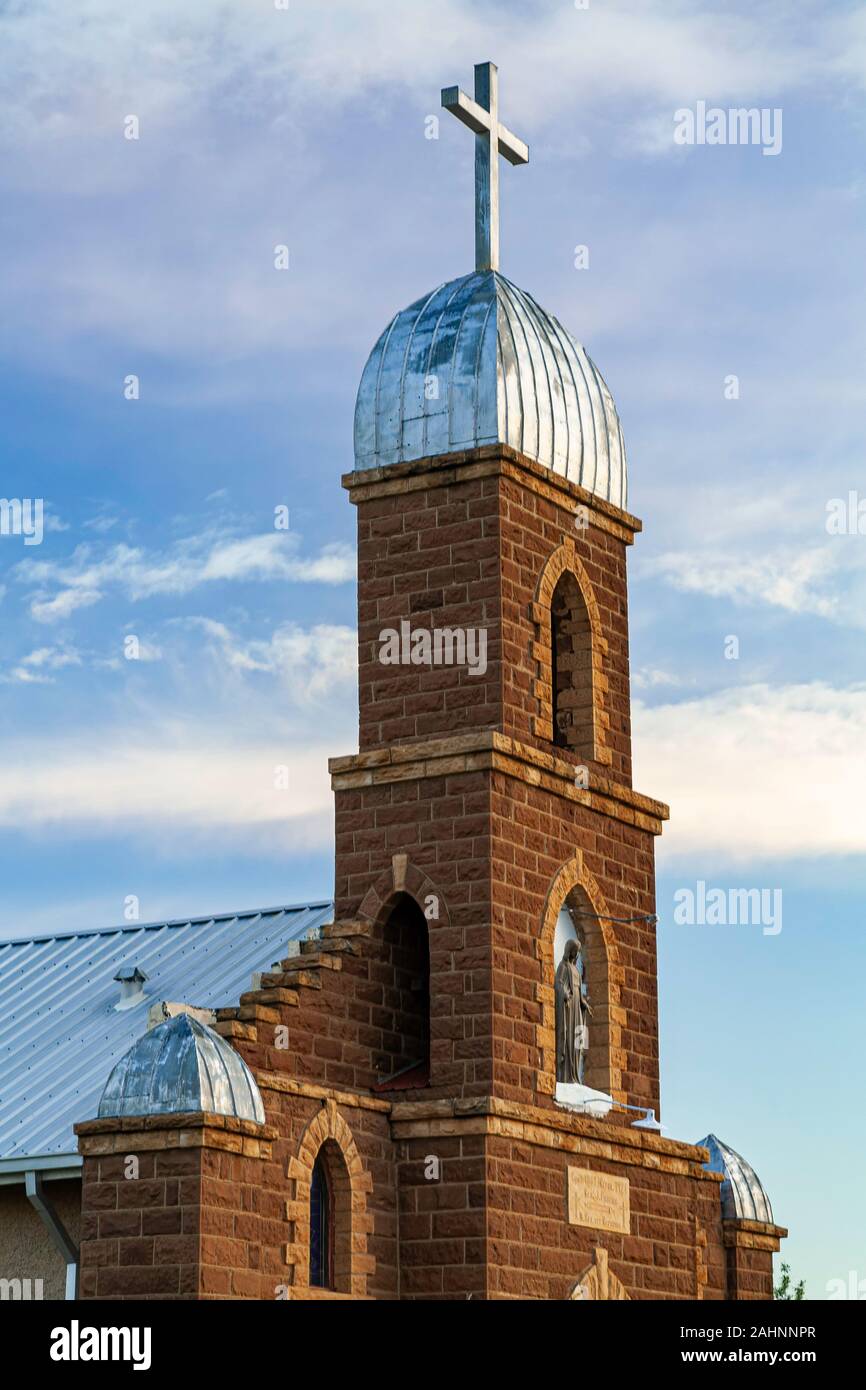 Bell tower, Nuestra Senora del Refugio Church (1882, 1921), Puerto de Luna, near Santa Rosa, New Mexico USA Stock Photo