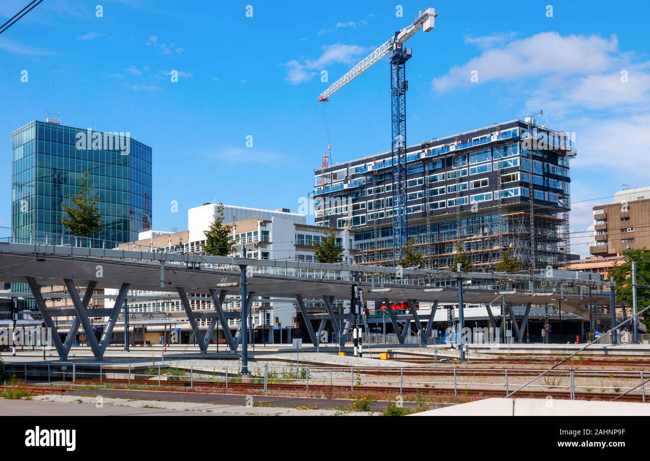 Platforms of the Utrecht Centraal Station, the Moreelsebrug, the NS headquarters and the construction site of 'Het Platform'. The Netherlands. Stock Photo